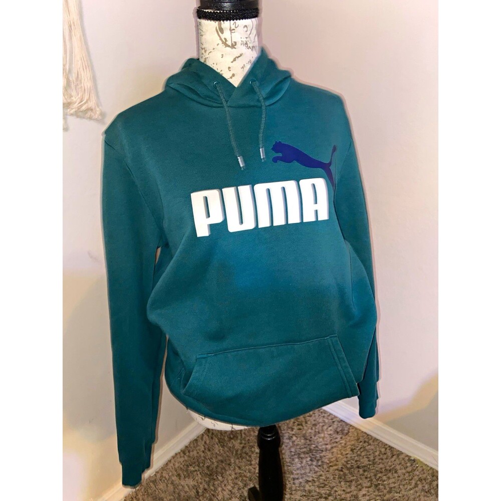 PUMA Mens S Green Graphic Logo Pullover Hoodie Drawstring Pockets